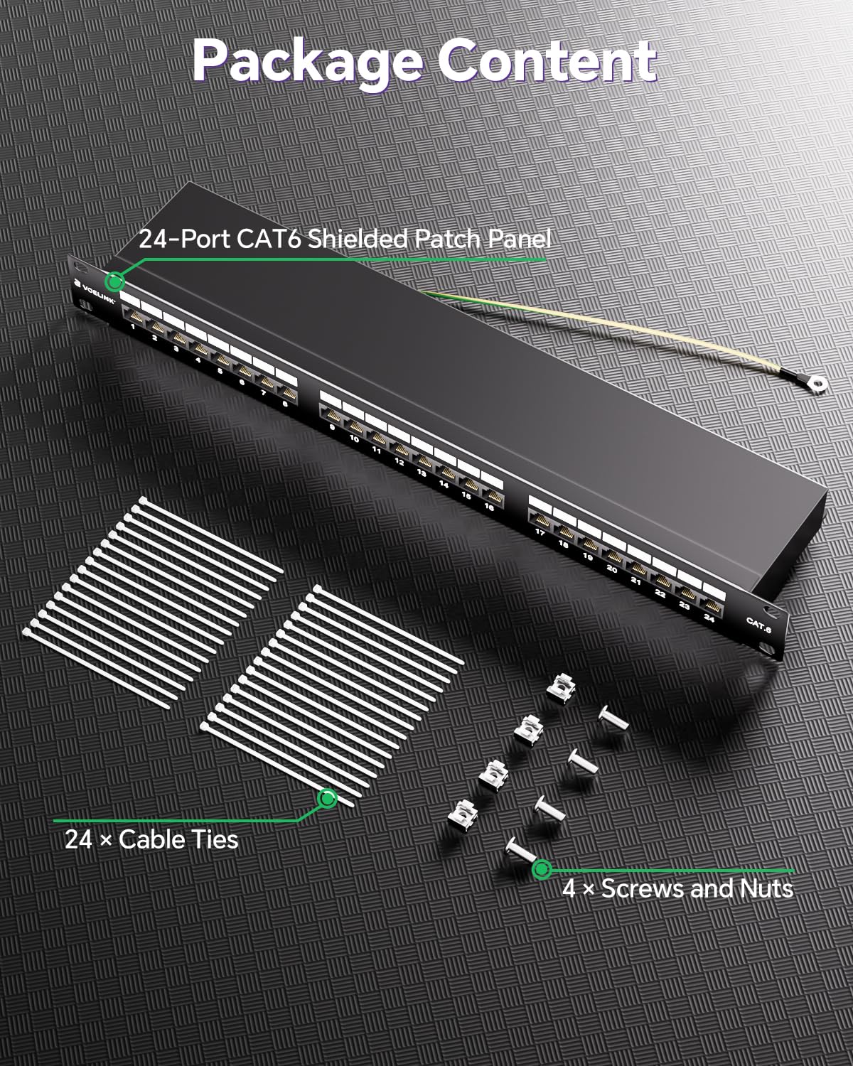 VCELINK Pannello Patch CAT6 24 Porte Schermato Rack 19" 1U RJ45, 250MHz | Banda passante 250MHz conforme standard EIA/TIA 568A&B, trasmissione 1G stabile senza interferenze