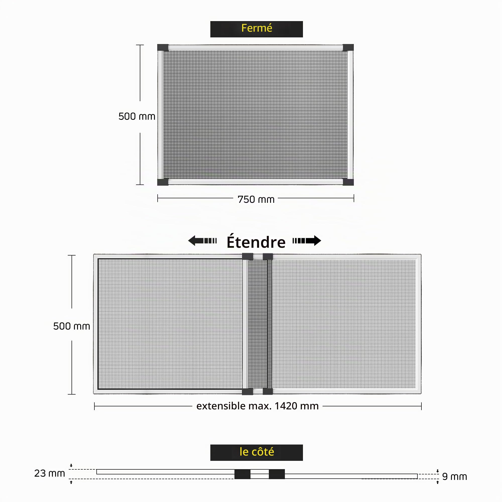 jarolift Cadre Moustiquaire Coulissant Sans Percer Pour Fenêtres Portes Avec Volet Roulant, En Aluminium, 75 x 50 cm (extensible jusqu'à 142 cm), Blanc