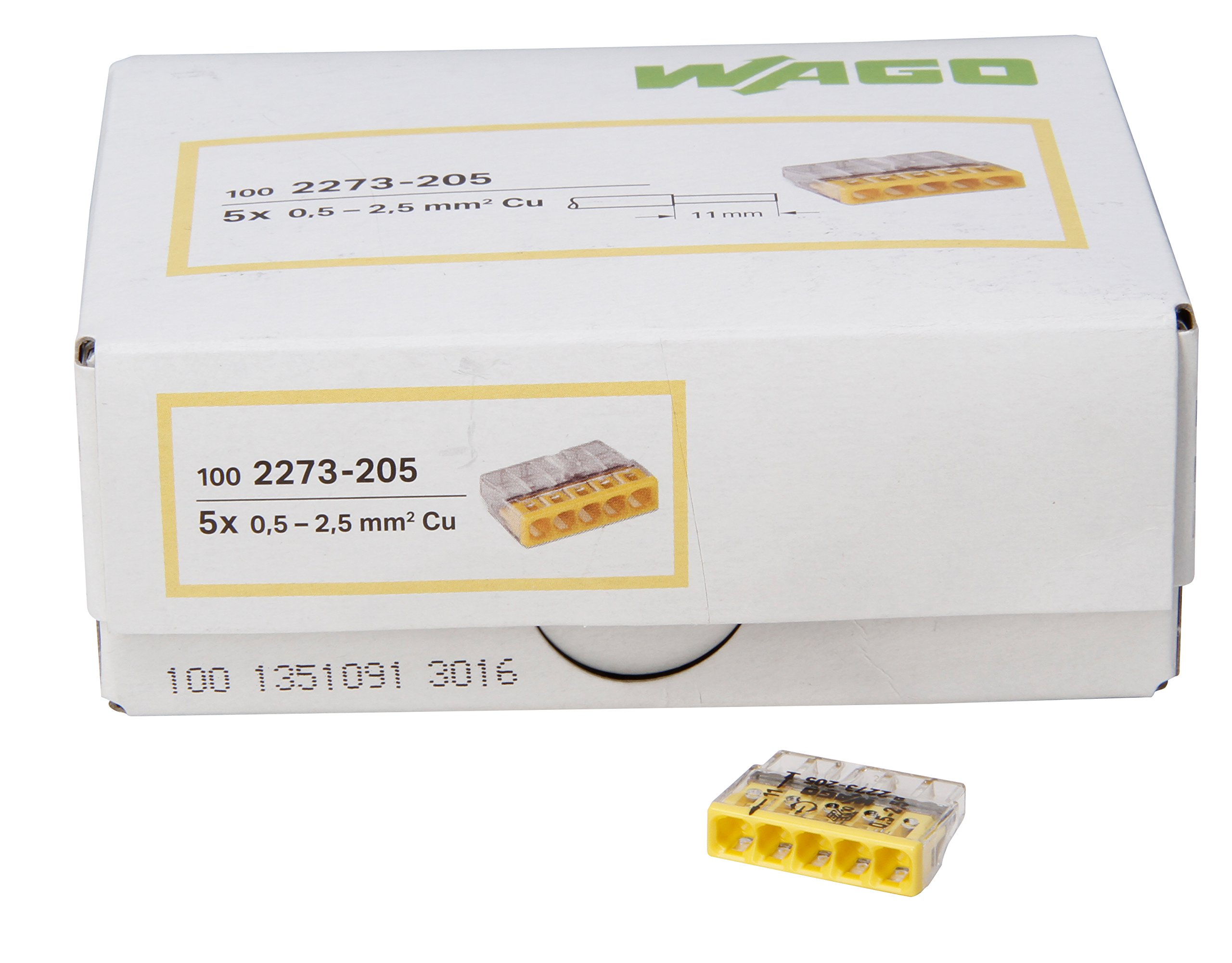 Kopp Wago Compact 33346423 - Terminal de 5 conductores (0,5-2,5 mm², 100 unidades), color transparente y amarillo