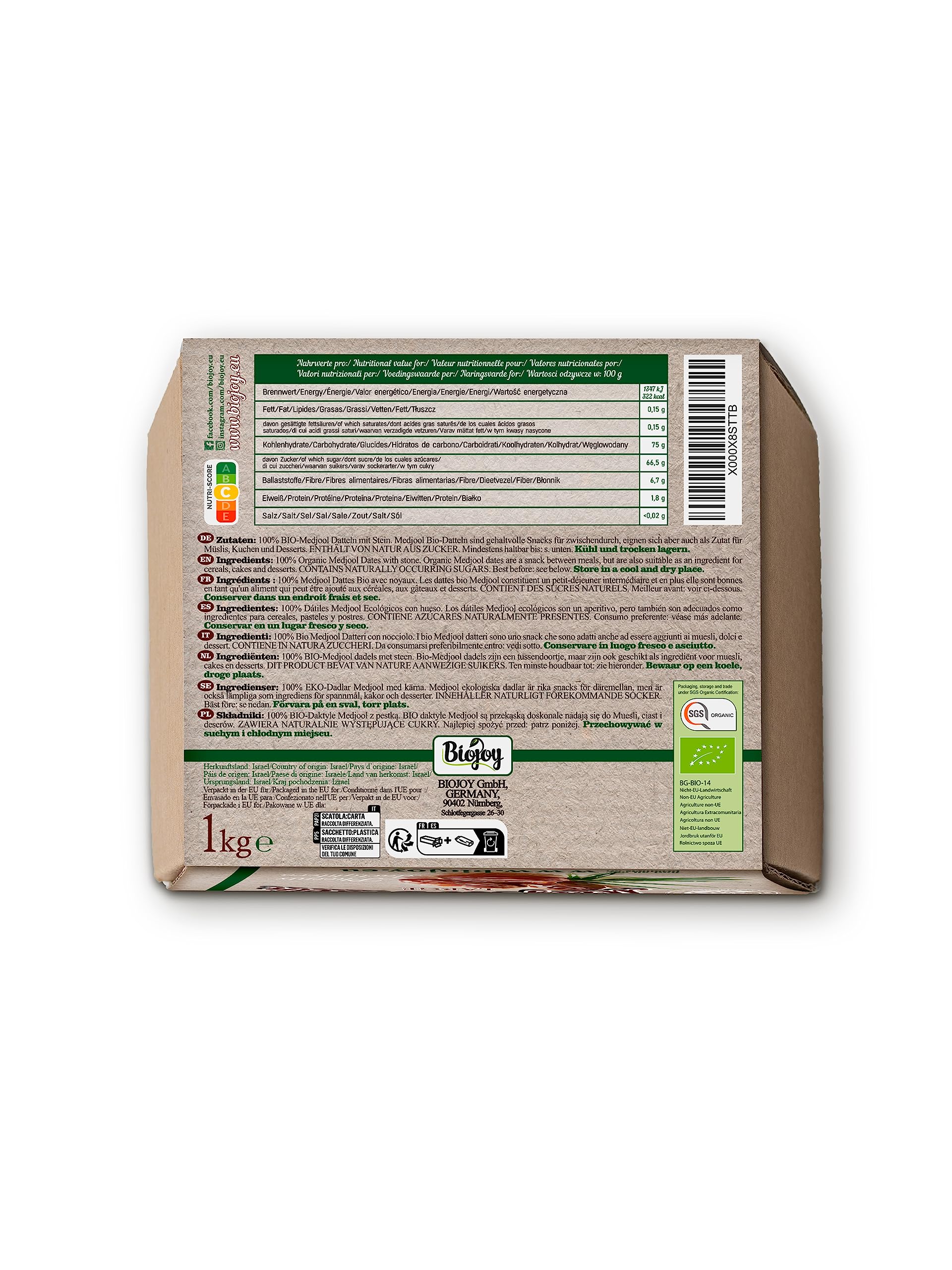 Biojoy BIO-Medjool Datteln aus Israel (1 kg), getrocknet und ganz, ungeschwefelt, Large