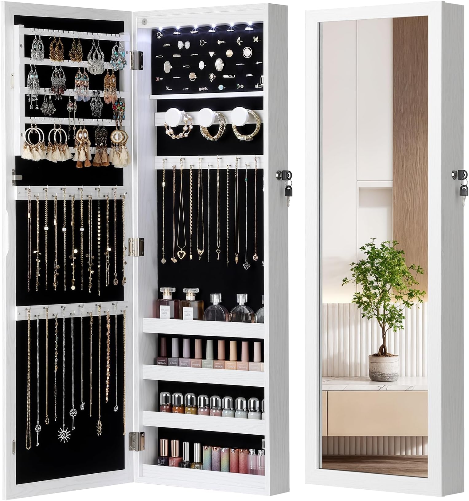 Nicetree 6 LEDs Mirror Jewelry Cabinet, Large Capacity Lockable Jewelry Armoire Organizer, Door or Wall Mounted Mirror with Jewelry Storage, Christmas Gifts, White