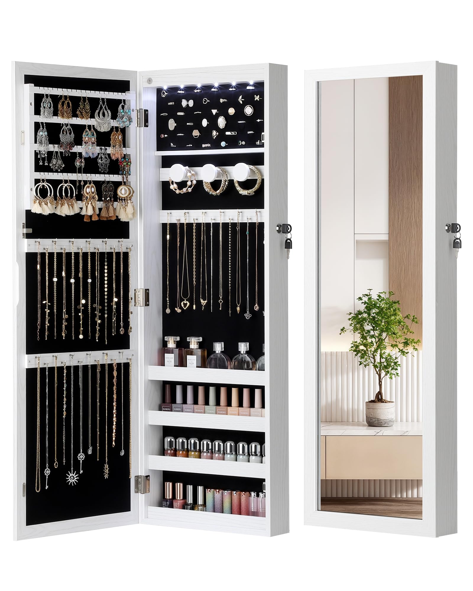 Nicetree 6 LEDs Mirror Jewelry Cabinet, Large Capacity Lockable Jewelry Armoire Organizer, Door or Wall Mounted Mirror with Jewelry Storage, White