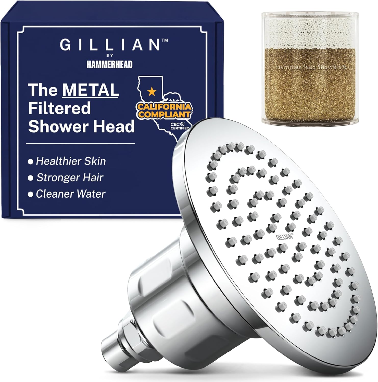Gillian™ by HammerHead High Pressure Shower Head with Filter – Genuine KDF-55 Filtered Shower Head for Hard Water, Healthier Skin & Hair – Metal 6-Inch Rainfall Showerhead with Filters, Chrome