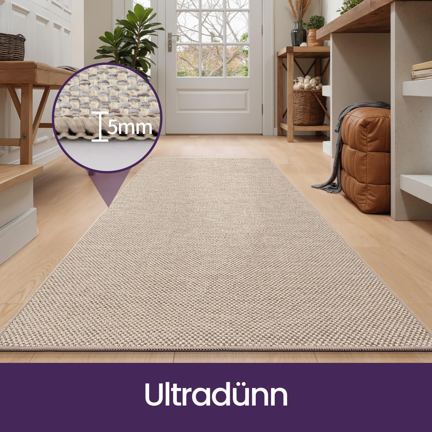 DEXI Teppich Läufer 80 x 250 cm, rutschfest, Absorbierend, Beige | Polyester, Gummirücken, Flur, Küche, Waschküche, Eingangsbereich