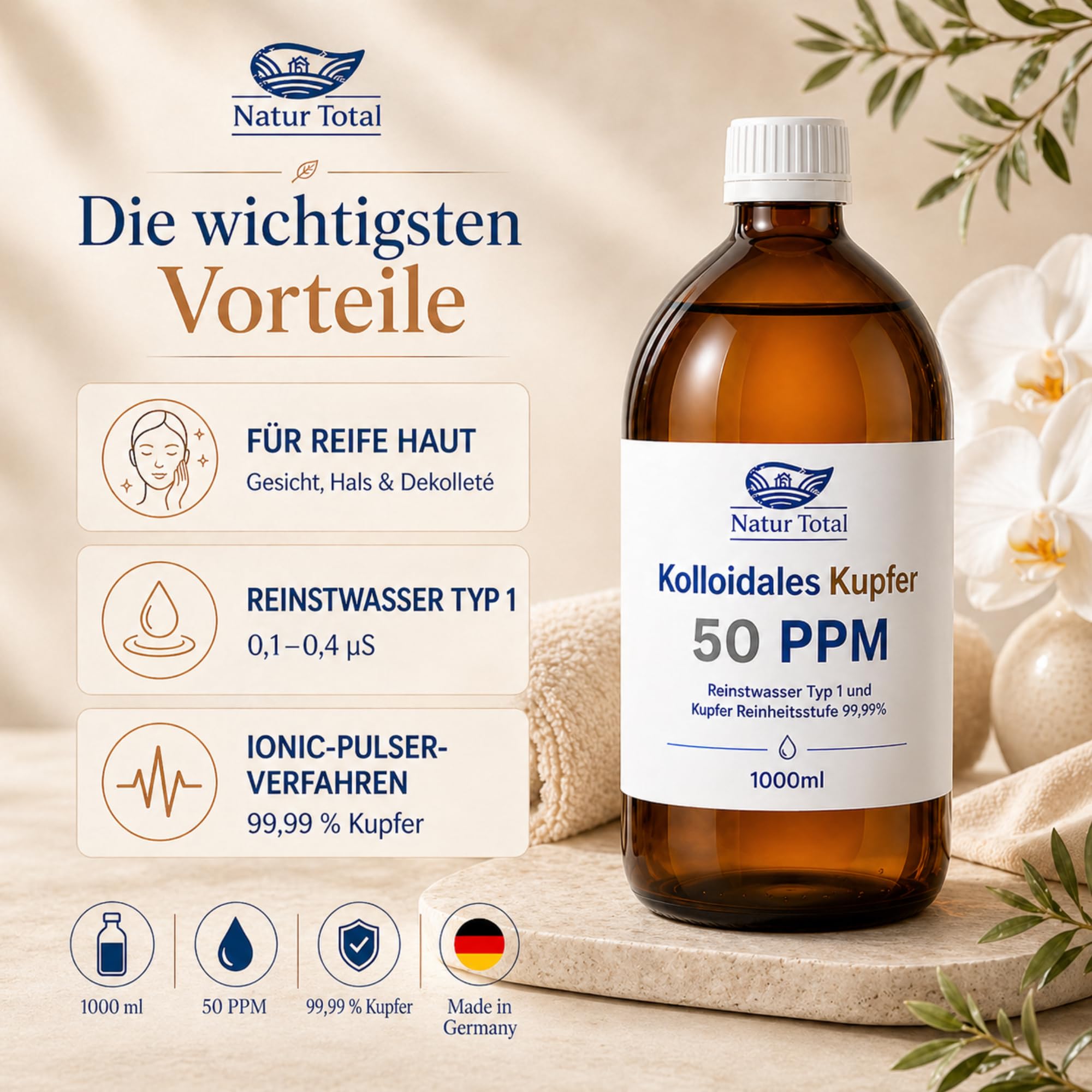 Natur Total Kolloidales Kupfer 50 PPM 1000ml XL-Flasche | Apotheker-Braunglas | Reinstwasser Typ 1 | 99,99% Kupfer | Hochreine Kolloid-Lösung | Ionic-Pulser-Verfahren | Made in Germany seit 2011
