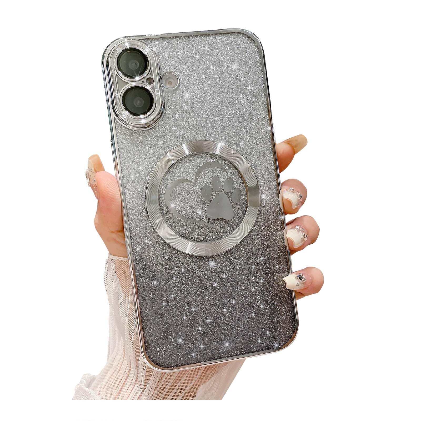 Weonmov for iPhone 16 Case Glitter Clear Paw Love Heart Compatible with MagSafe, Full Camera Lens Protection Soft Slim Thi...