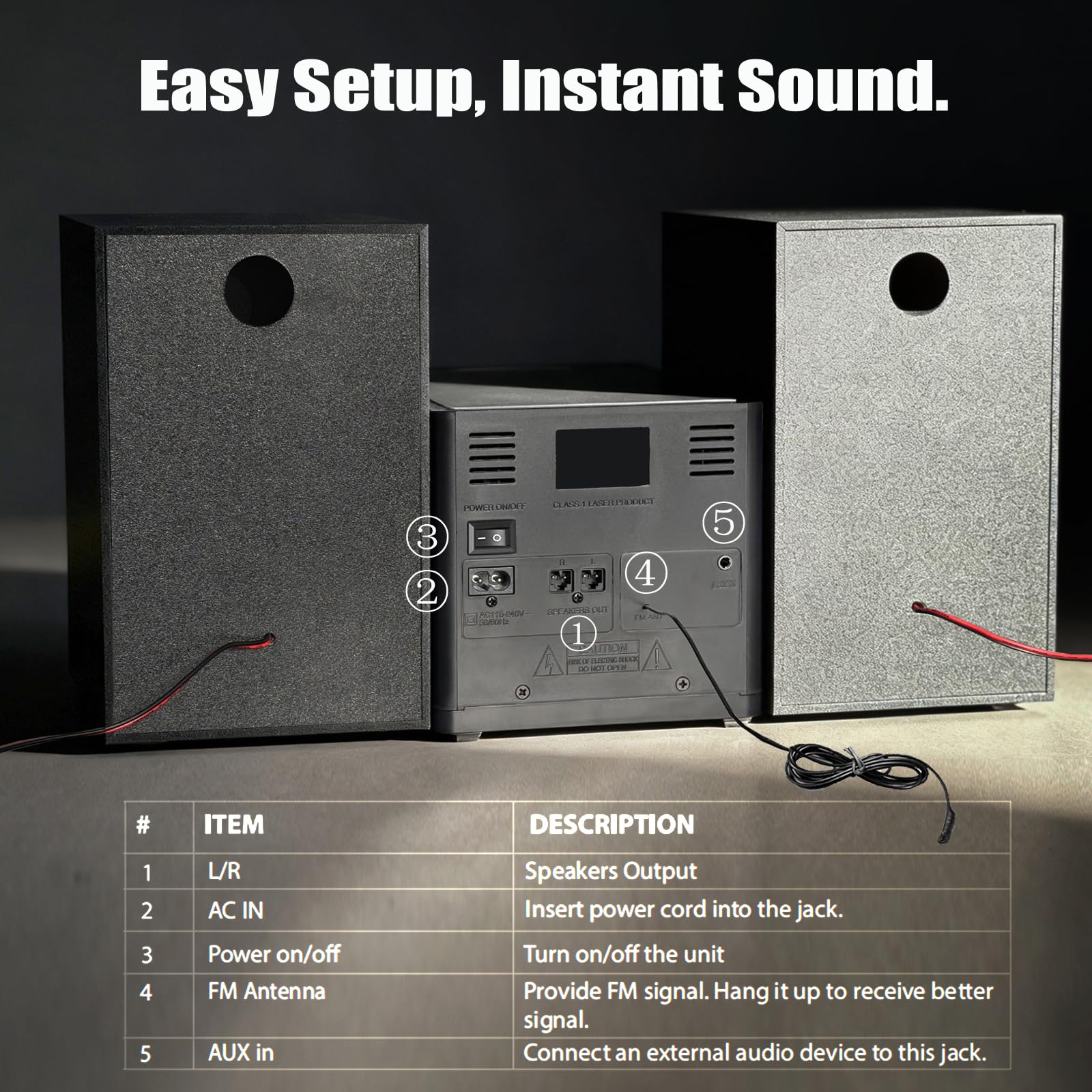 Sistema estéreo para casa Micro HiFi Compacto con Reproductor de CD, Bluetooth, Radio FM, USB, AUX-in, Pantalla LED y botón Grande, Mando a Distancia (lp-128)
