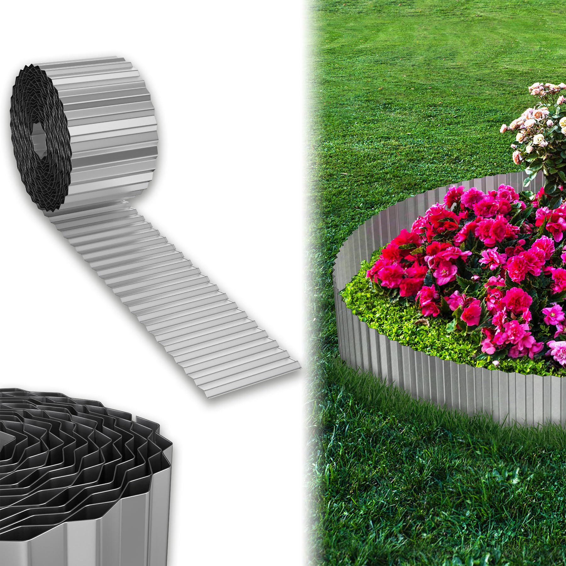UISEBRT Beeteinfassung Rasenkante, Verzinktes Beetbegrenzung aus Metall Einfach zu Montieren, Hoch Flexibel Rasenkanten, Wurzelsperre Blumenbeet oder als Mähkante Länge Anpassbar