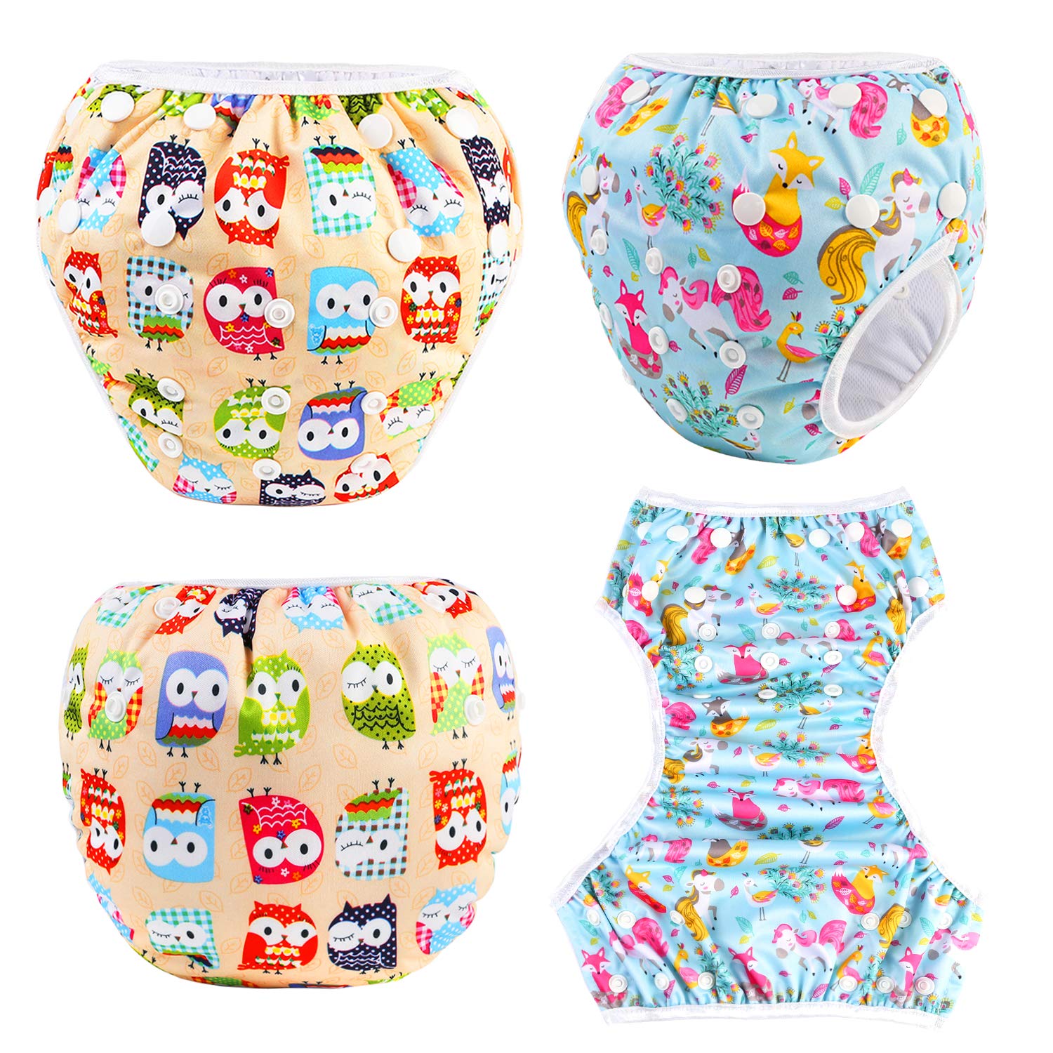 PHOGARY Couches Lavables (2 pièces) Bébé Couche de Bain Bébé Réutilisable, Ajustable Anti-fuite Imperméable Étanche Animal Pantalon de Couche pour Bébé Fille Garçon de 3-15kg, Chouette + Renard