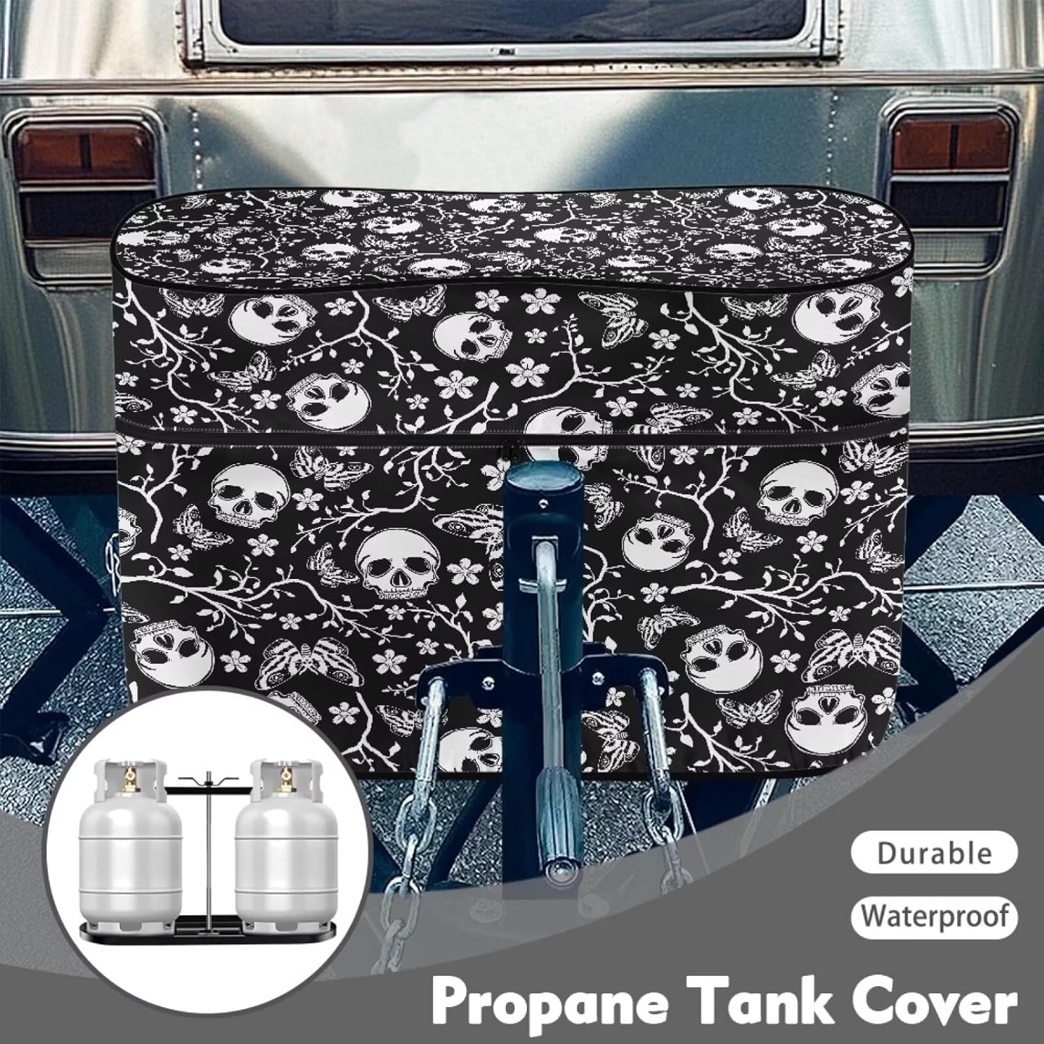 Pensura Skull Print RV Propane Tank Cover, Snow Proof Propane Gas Tank Cover for Dual 40lb Tanks Heavy Duty Trailer Travel Accessories Protect Propan Tanks in Camping