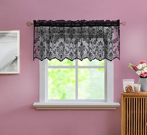 Miniatura 4 de Warm Home Designs Par de cortinas de cocina de 30 pulgadas de ancho x 45 pulgadas de largo de punto negro con patrón de flores encantadoras. Añade