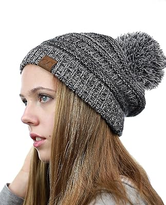 NYFASHION101 Unisex Multicolor Warm Cable Knit Slouch Pom Pom Beanie Cap, 3 Tone Gray