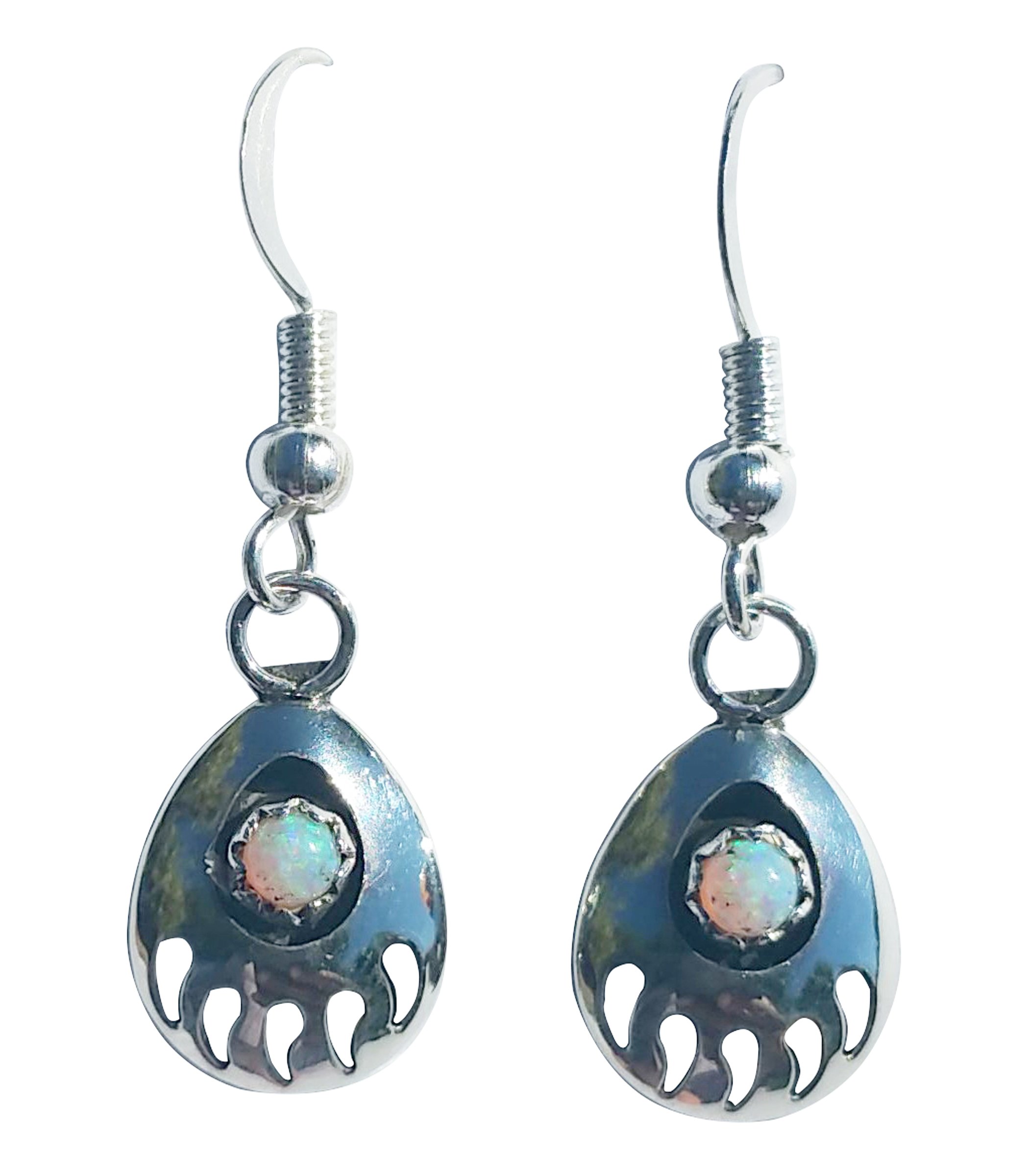 Medium-size St Silver 925 Bear Claw Created Fire Opal Handcrafted Navajo 2 Dangling Feather Earrings
