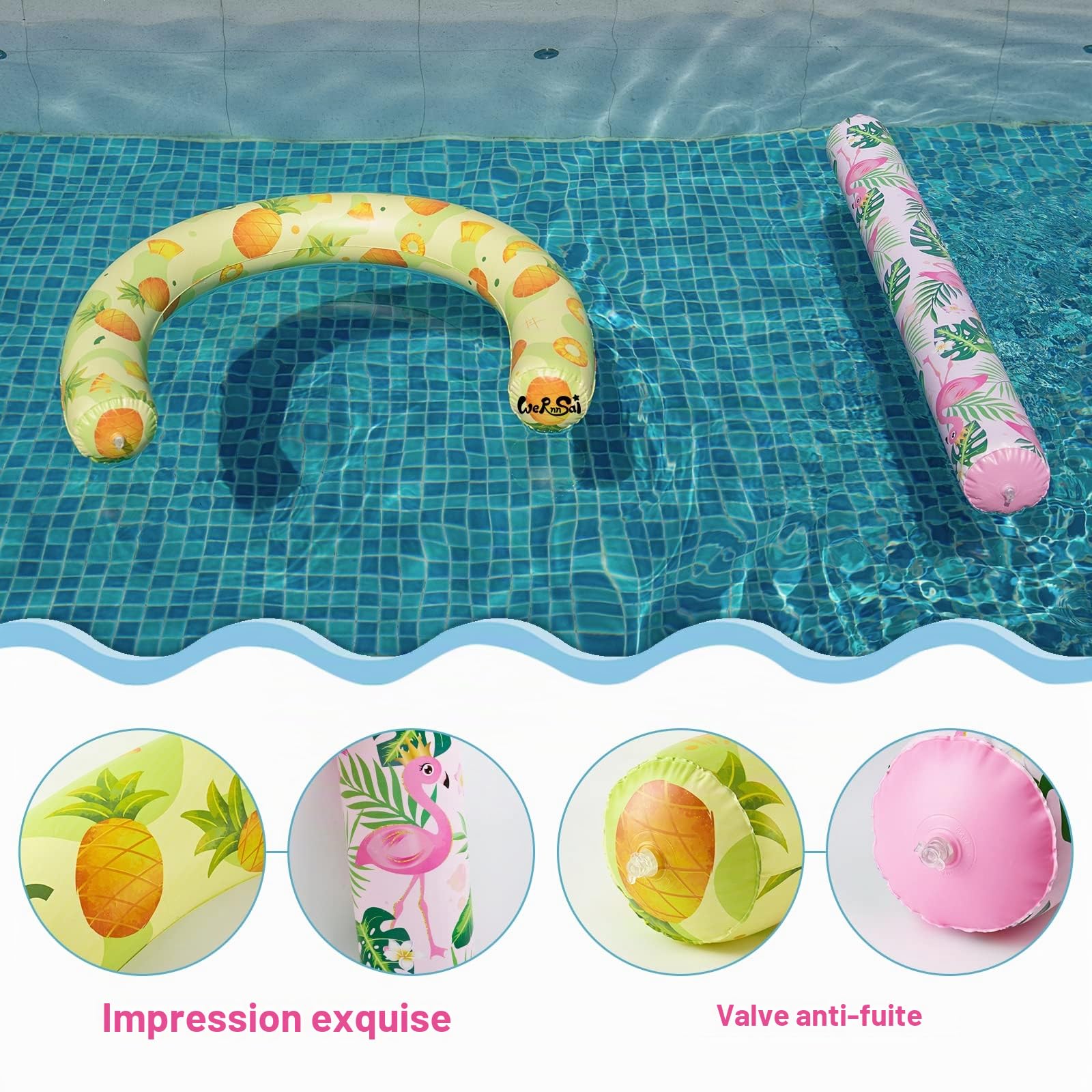 Lot de 2 Nouilles de Natation gonflables pour Adultes - Rose et Jaune - pour Les Vacances d'été, la mer, la Plage, Le lac, Les Exercices de fête (Flamant Rose et Ananas)