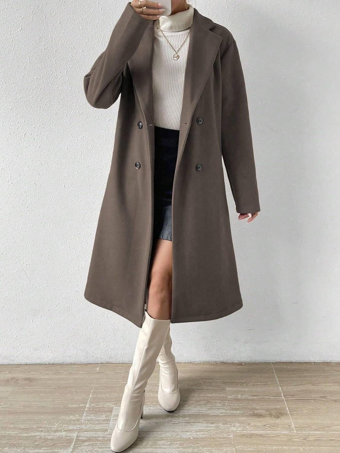 Womens Fashion Trench Outwear Lapel Neck Long Sleeve Double-Breasted Casual Coat Jacket Coat