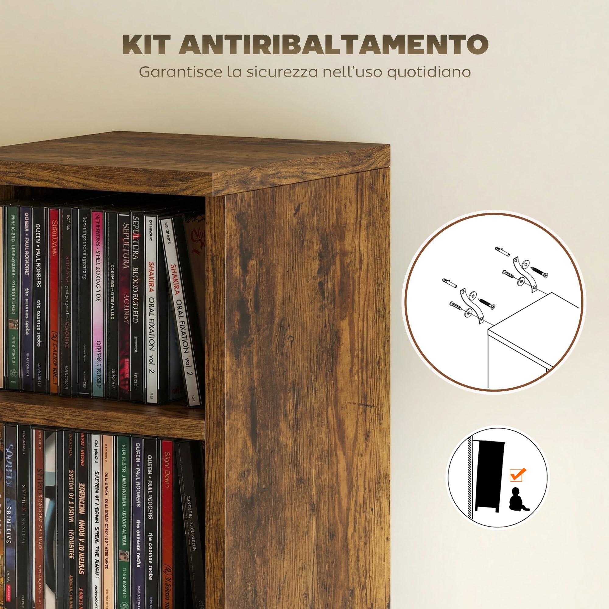 HOMCOM Scaffale Porta CD 2 Pezzi a 6 Ripiani, Scaffale Libreria in Legno per 204 CD ad Altezza Regolabile, 21x22.5x88.5 cm, Marrone Rustico