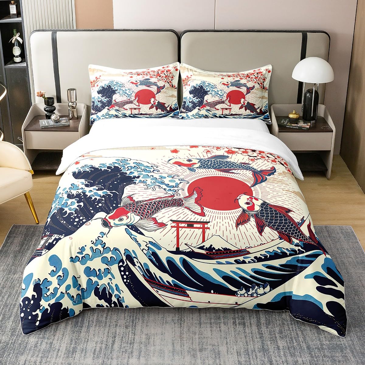Homewish Coton Koi Housse de Couette 220x240,Carpe Style Ukiyoe Japonais Parure de Lit,Vagues Mont Fuji Sunliterie Set,Bleu Orange Rouge Cerisier Fleur Poisson Couvre Lit