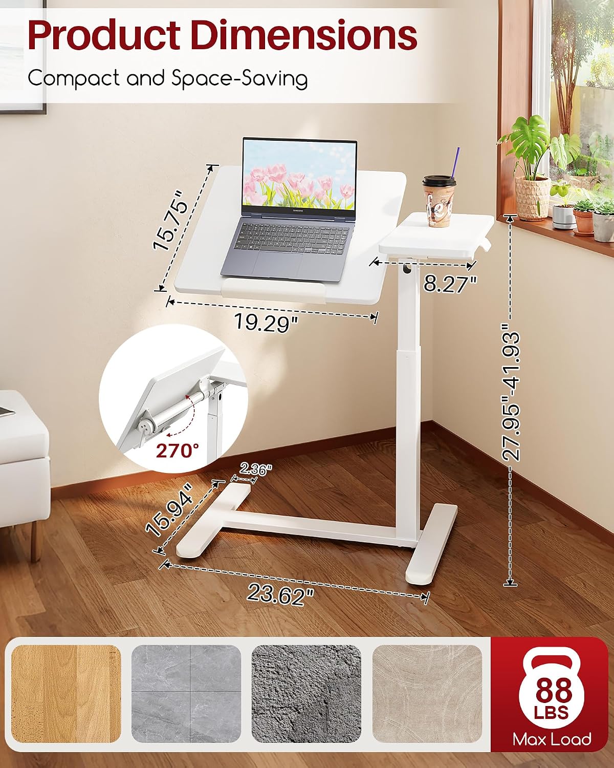Overbed Table with Wheels, Pneumatic Height Adjustable, White | 270° Tilting Desktop, Mobile Standing Desk Allowing Placement On Either Side Of The Bed For Meals,Reading, Laptop Use Or Care