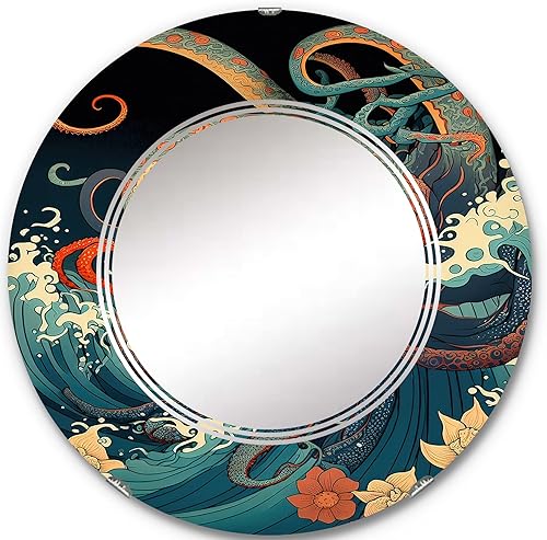 DesignQ Espejo de pared de paisaje y naturaleza, espejo tradicional ovalado, espejo de baño azul redondo, espejo de tocador japonés, pulpo en un