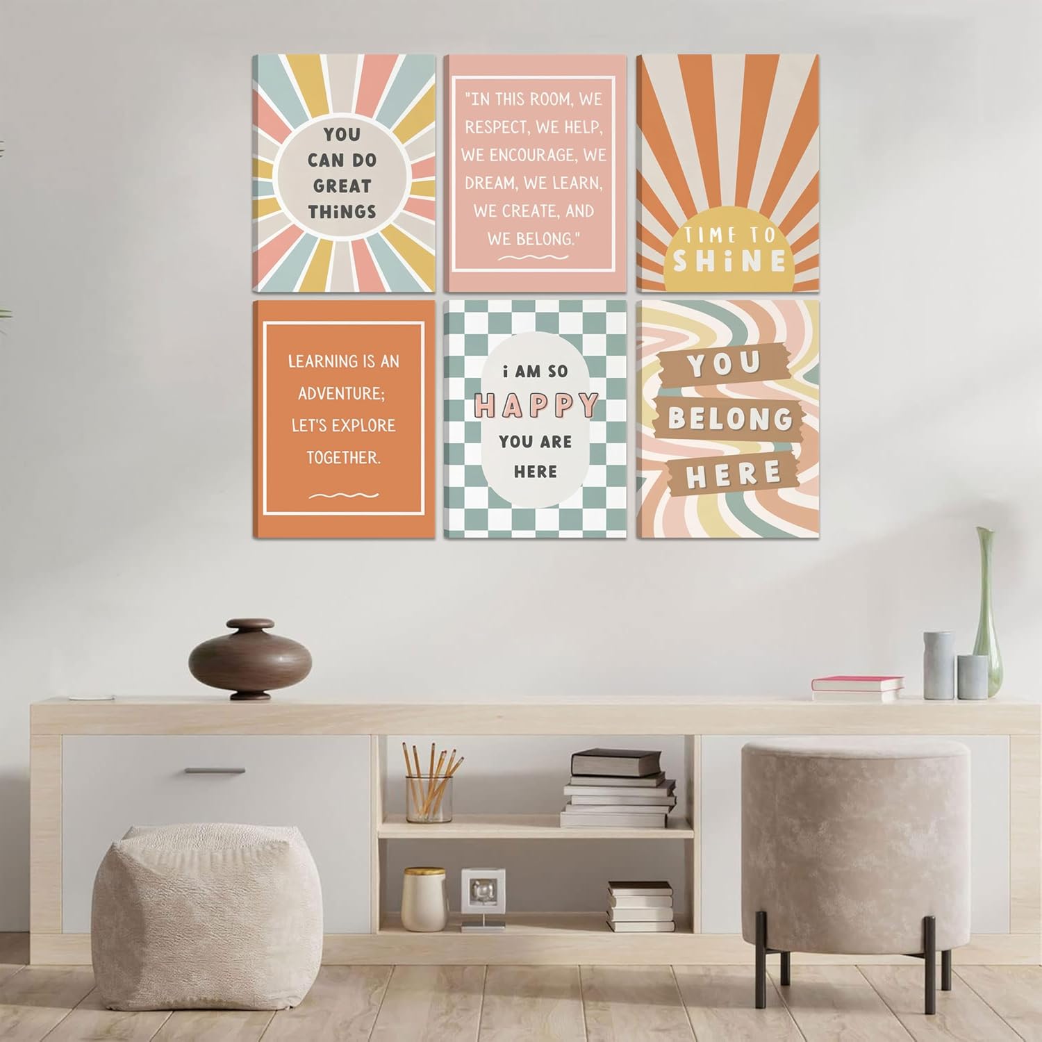 6Pcs Boho Inspirational Canvas Wall Art Positive Affirmations Growth Mindset Posters Wall Decor Pictures Modern Classroom School Posters Wall Prints for Children's Room nursery School 12x16in