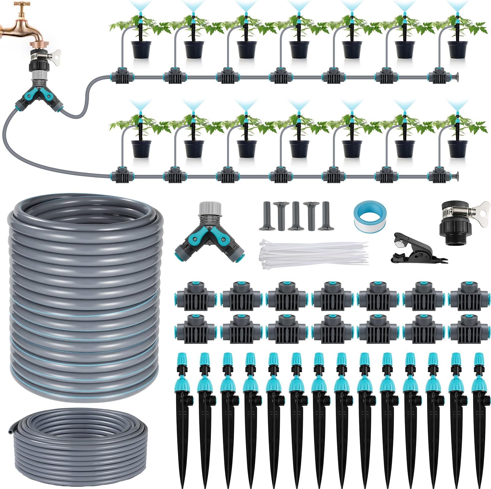 TLGREEN Drip Irrigation System Kit, Automatic Garden Watering System with 20M+10M (98.43FT) PE Irrigation Pipes, Y-type Water Distributor, Adjustable Nozzles & Easy Installation for Greenhouse/Plant