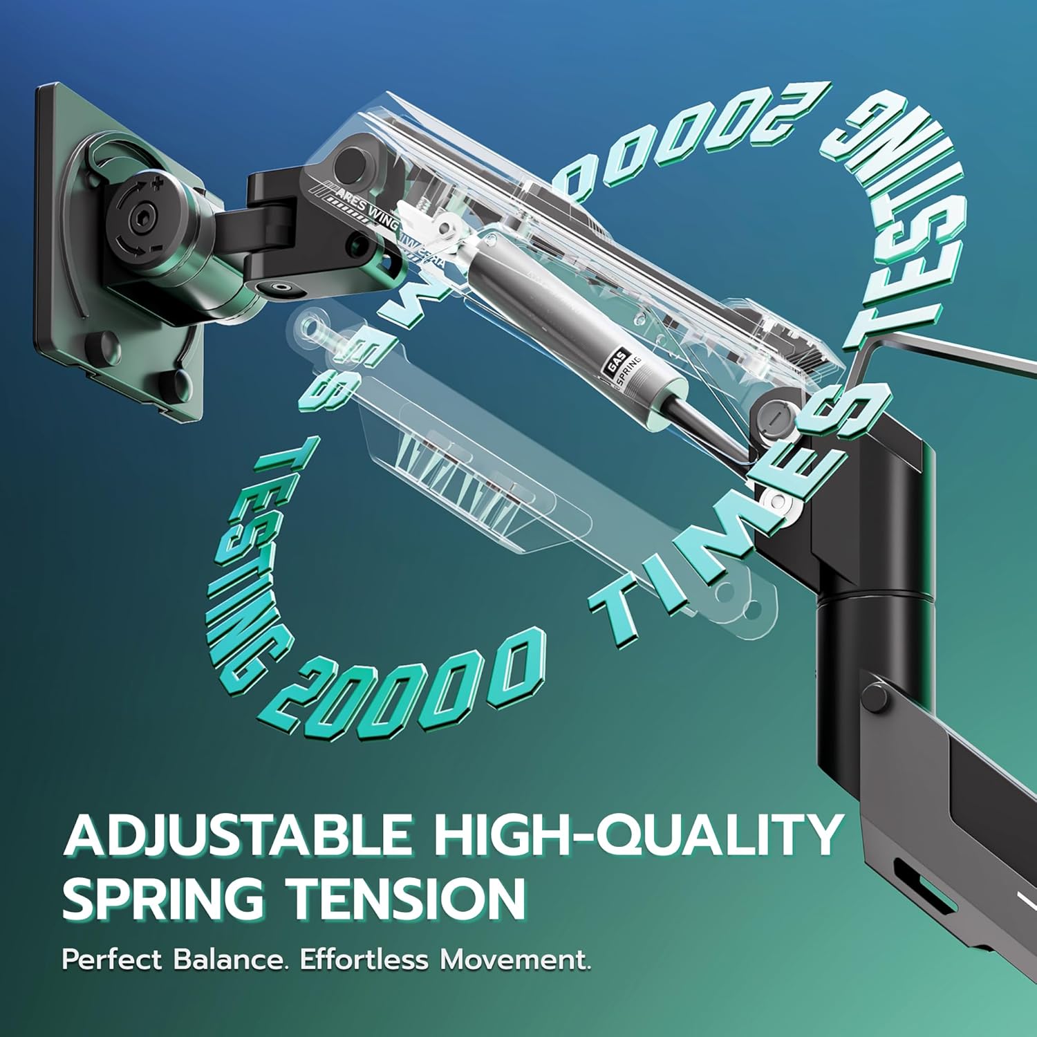 Close-up of the monitor arm showing the gas spring and adjustment points.