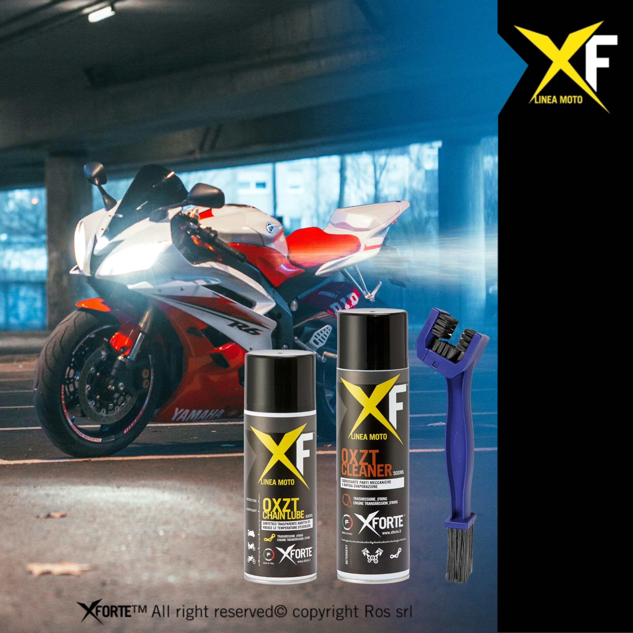 XFORTE - Kit Manutenzione Catena Moto - 1 Pulitore Spray 500ml + 1 Grasso Catena Moto Trasparente Sintetico Alte Prestazioni Spray 400ml + Una Spazzola per la Pulizia della Catena della Moto
