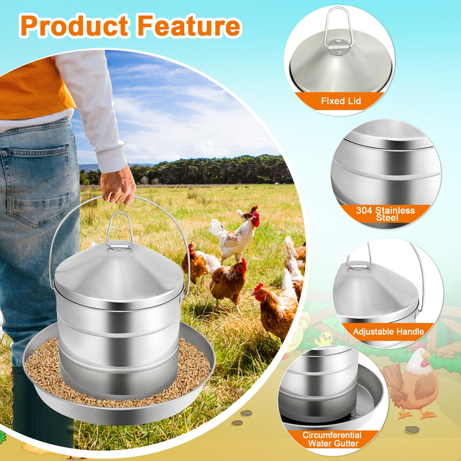 RYFT Comedero automático para pollos de 8 kg, comedero de acero inoxidable para aves de corral, grosor resistente, 0,9 mm, con asa, relleno superior, duradero y resistente a la corrosión