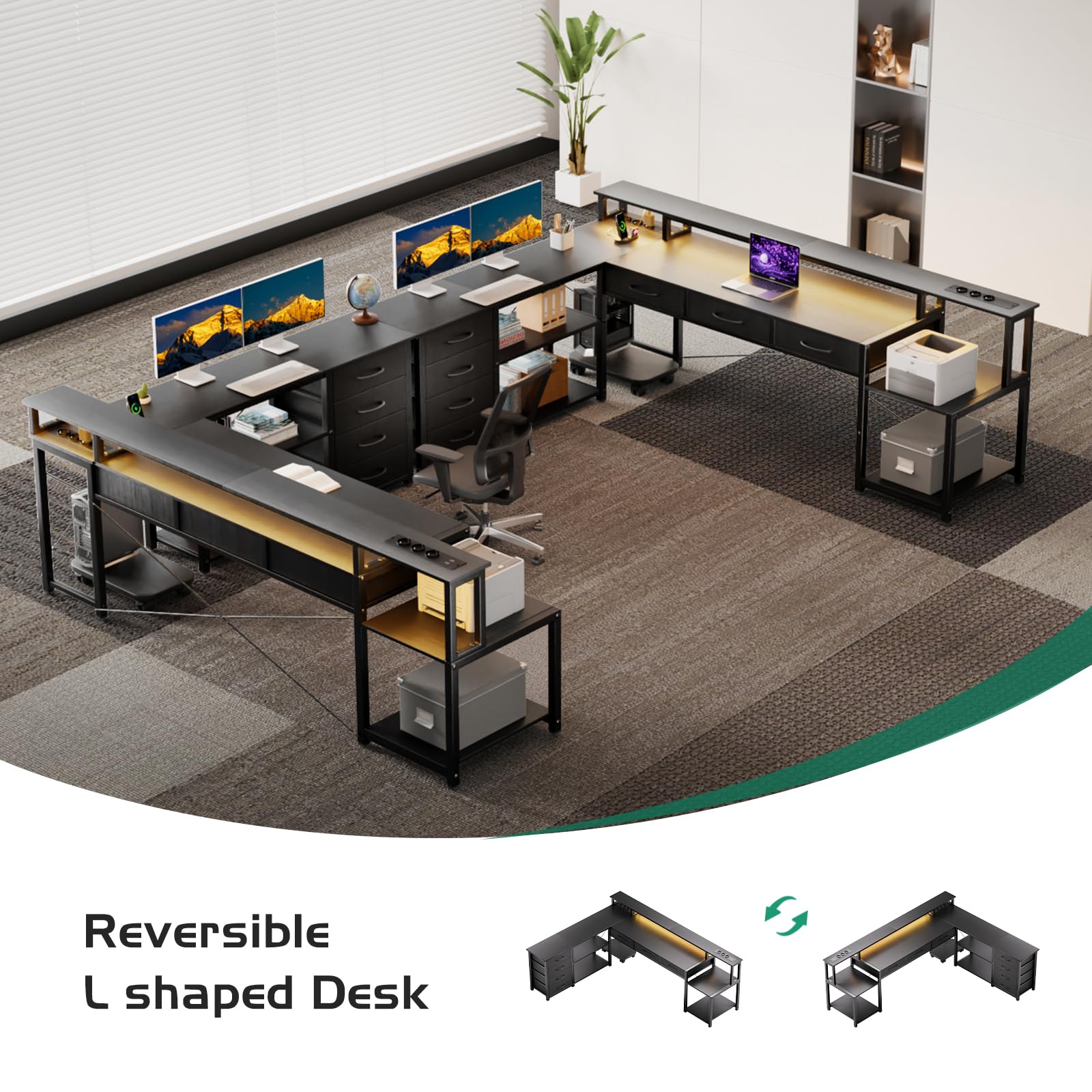Schreibtisch L Form mit Schubladen, Gaming Tisch mit Steckdose, LED & Monitorständer, 200 x 146cm, 7 Stoffschubladen, Computertisch für Büro Arbeitszimmer Schlafzimmer (Schwarz)