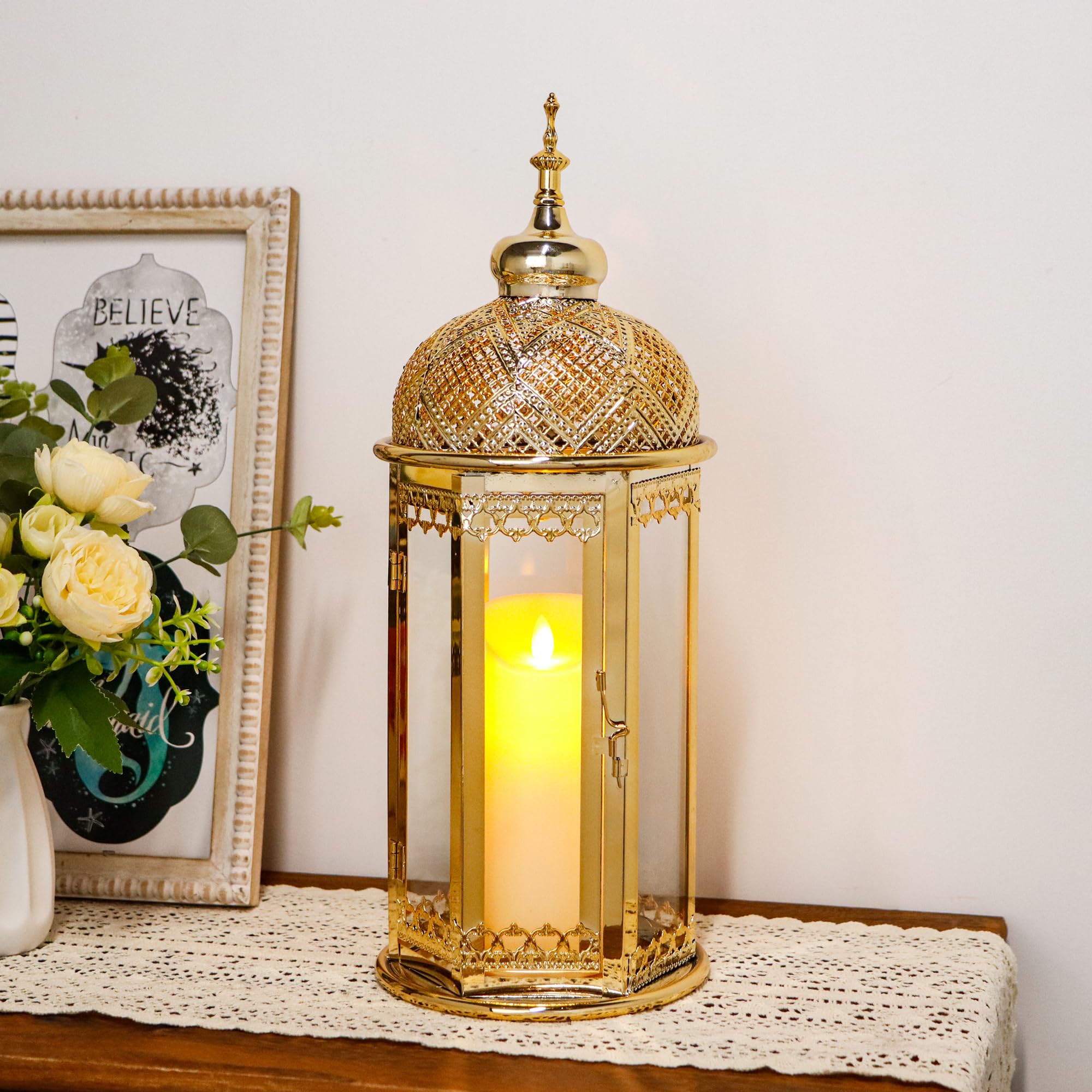 TRIROCKS Moroccan Candle Lantern 37cm High Gold Candle Holder with Tempered Glass Decorative Indoor Outdoor Ramadan Lantern for Living Room Garden Yard Patio Parties Events (Gold)