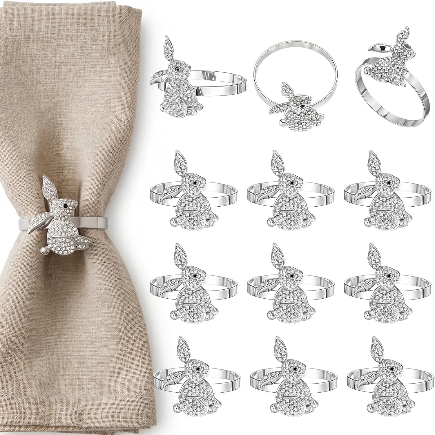 Remerry Easter Napkin Rings Set of 12 Silver Rabbit Bunny Metal Rhinestone Glitter Napkin Ring Holder Buckles for Easter Wedding Banquet Dinner Party Table Decoration