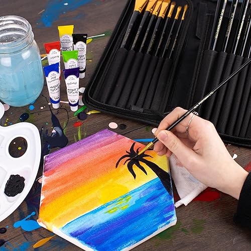 Miniatura 6 de WA Portman - Juego de 15 pinceles profesionales multiusos para pintura acrílica, acuarela y óleo, con estuche con cremallera