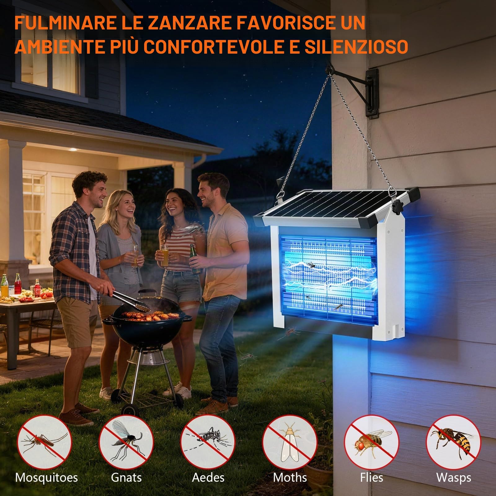 Zapper Zapper per insetti solare per esterni, impermeabile, 4500 V, ricaricabile, con sensore a pannello solare, accensione e spegnimento automatico, cavo di prolunga da 3 m e zapper insetti a energia