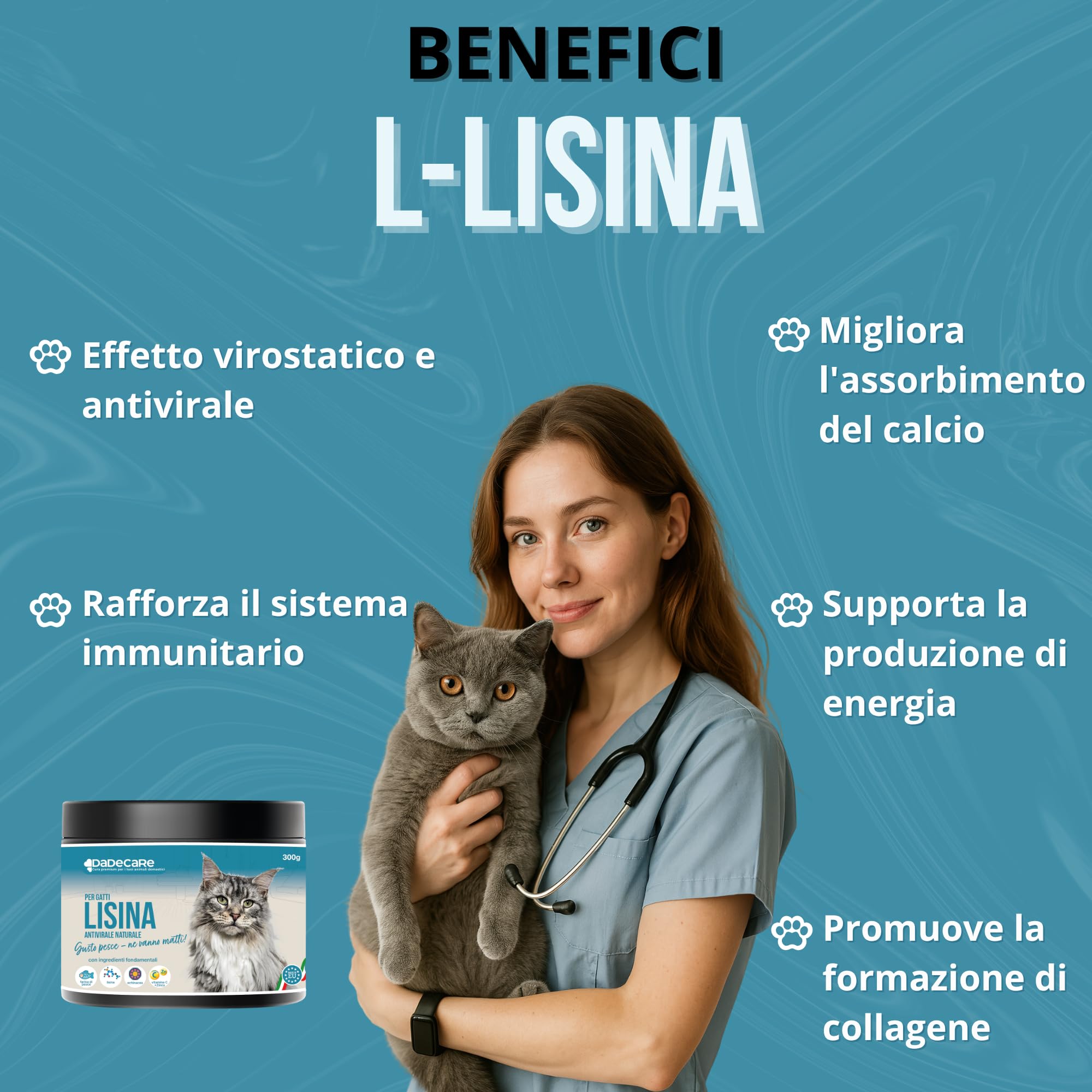 Lisina - 300 g integratore lisina in polvere - gusto pesce - rafforza il sistema immunitario, previene l'herpes felino - adatto a gatti giovani e anziani