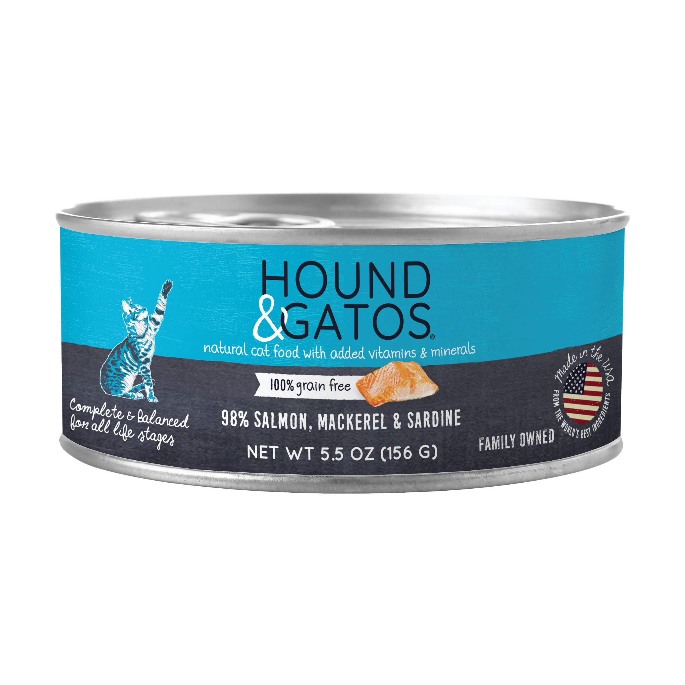 Hound & Gatos Wet Cat Food, 98% Salmon, Mackerel & Sardine, case of 24, 5.5 oz cans