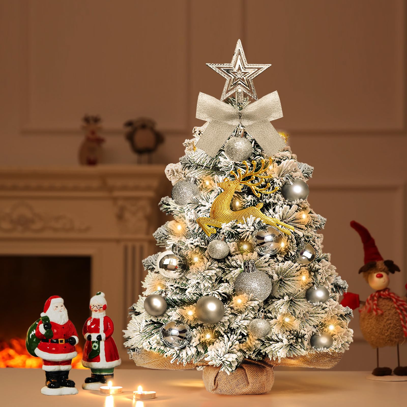 Mini Albero di Natale Artificiale Piccolo,60 cm Albero di Natale Piccolo con Luci con 23 Decorazioni Natalizie Fai da Te,Albero di Natale con Adatto per Natale e Capodanno﻿ (floccaggio)