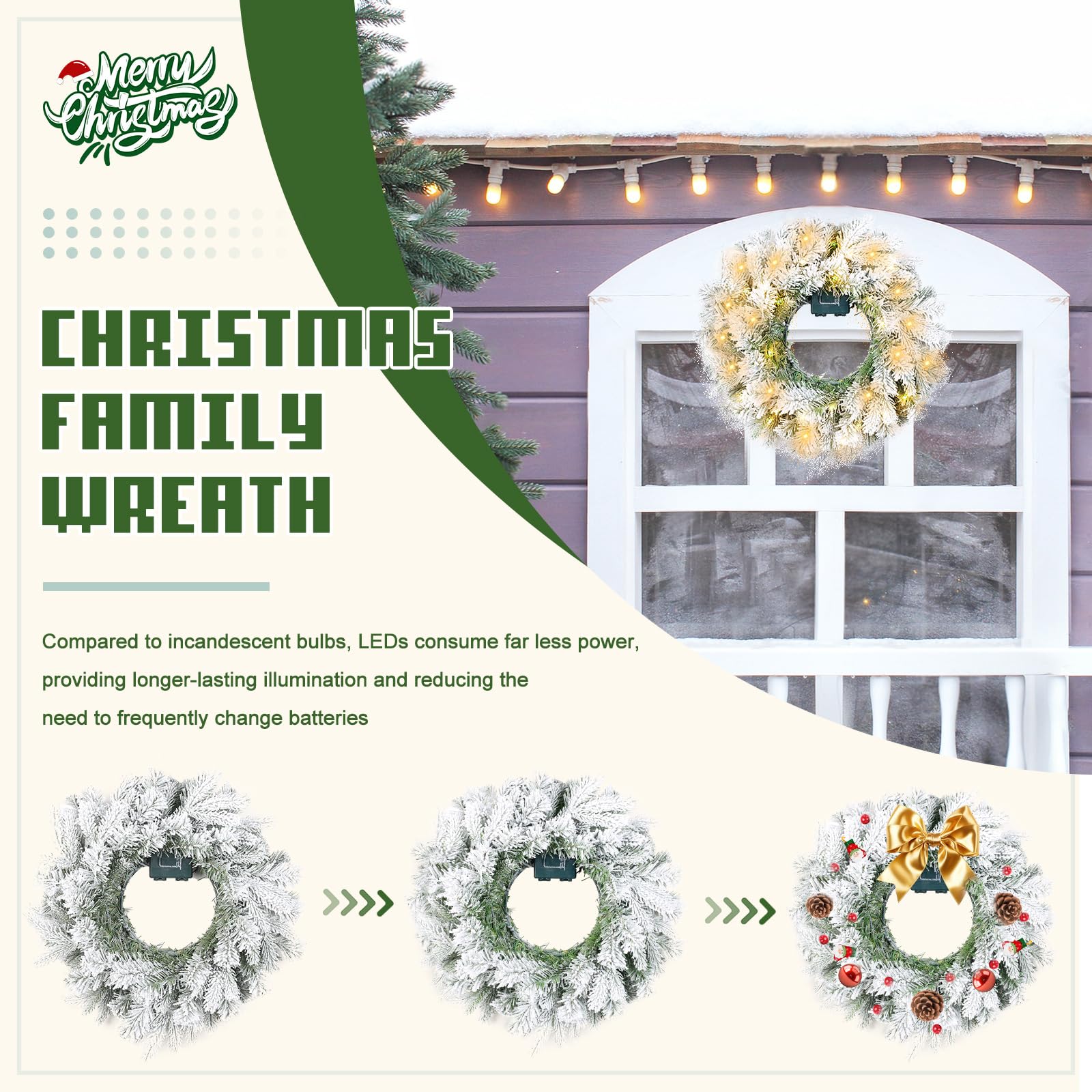 Gfilay Couronne de Noël floquée pré-éclairée, couronne de Noël blanche pour porte d'entrée avec 50 lumières LED, couronne de Noël à piles, couronne de Noël de 50,8 cm