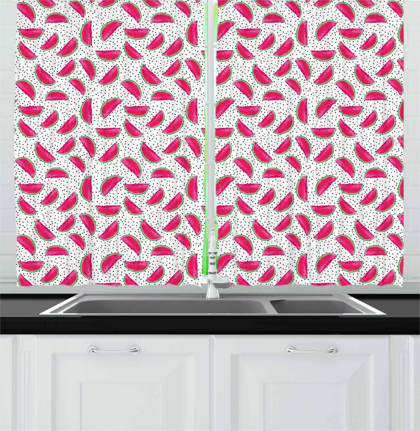 Lunarable Watermelon Long Kitchen Curtains, Vegetarian Nutritious Slices Cartoon Fruits on Background, 2 Panel Set Drapes with Rod Pocket Room Decor, 55