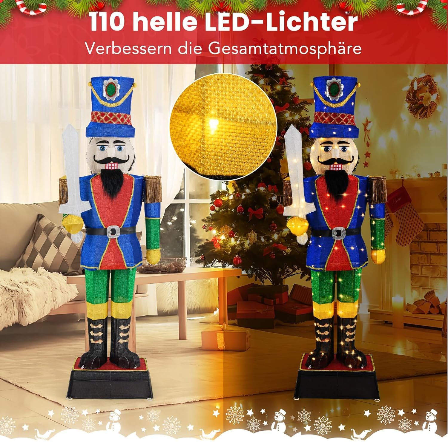 GOPLUS Weihnachten Nussknacker Figur groß, beleuchtete Weihnachtsdeko XXL, 184 cm Weihnachtsfigur mit LED-Lichtern, Weihnachtsdekoration Nussknacker mit Schwert, Weihnachtsbeleuchtung für innen, außen