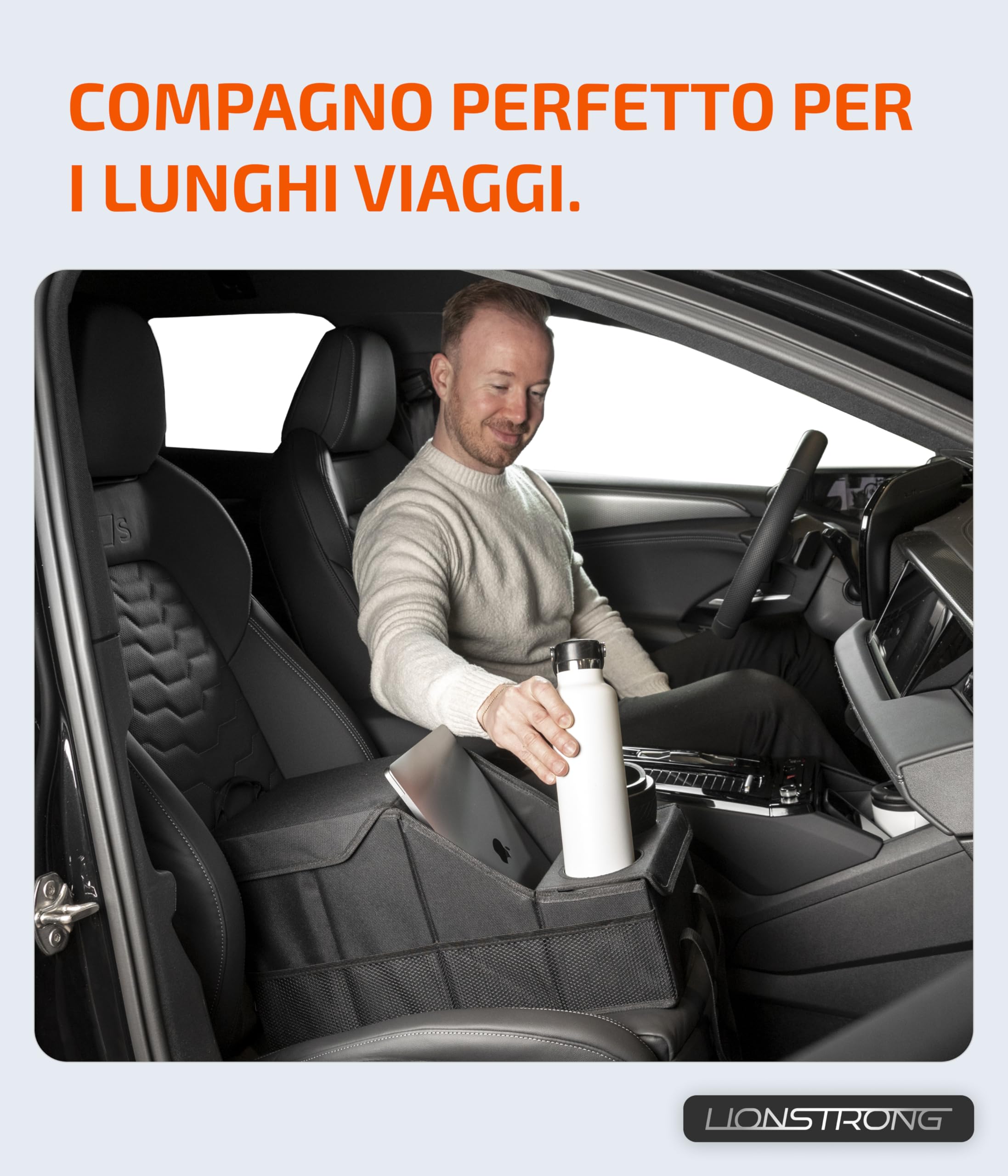 LIONSTRONG® Organizzatore Auto [STABILE GRAZIE PANNELLI PLASTICA] - Organizzatore Universale Sedile Posteriore e Sedile Passeggero - Ideale per Vacanze - Spazio per Giocattoli - Resistente all'Acqua