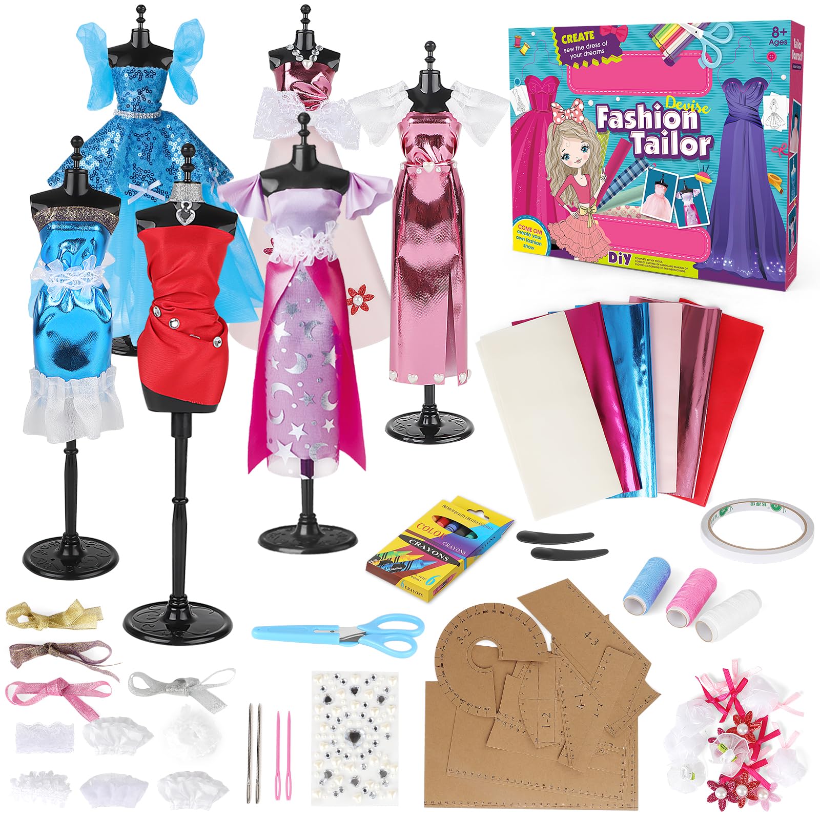 deAO Fashion Designer Kit for Girls, Creativity DIY Arts & Crafts Kit with Mannequins for Kids, Doll Clothes Making Sewing Kit, Girl Toy Gifts for Age 6 7 8 9 10 11 12+ Year Old