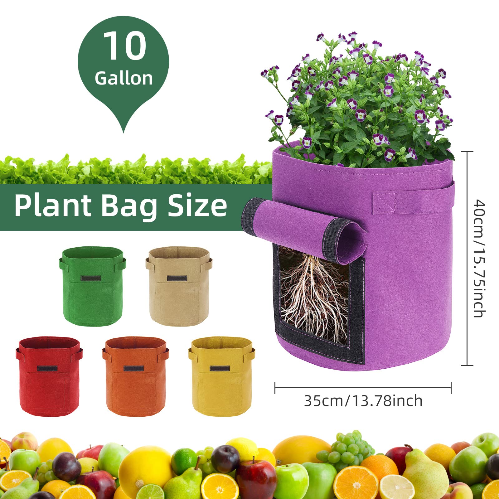 Kartoffel Pflanzsack 6 Stück 10 Gallonen Kartoffel Pflanzsack, 38 L Pflanztaschen mit Sichtbarer Klappe und Griffen, Mehrfarbig Garten Pflanzbeutel für Gemüse, Kartoffel, Tomaten (10 Gallone, 38 L)