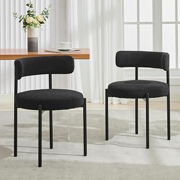 Boucle Dining Chairs Set of 2, Mid-Century Modern, Black