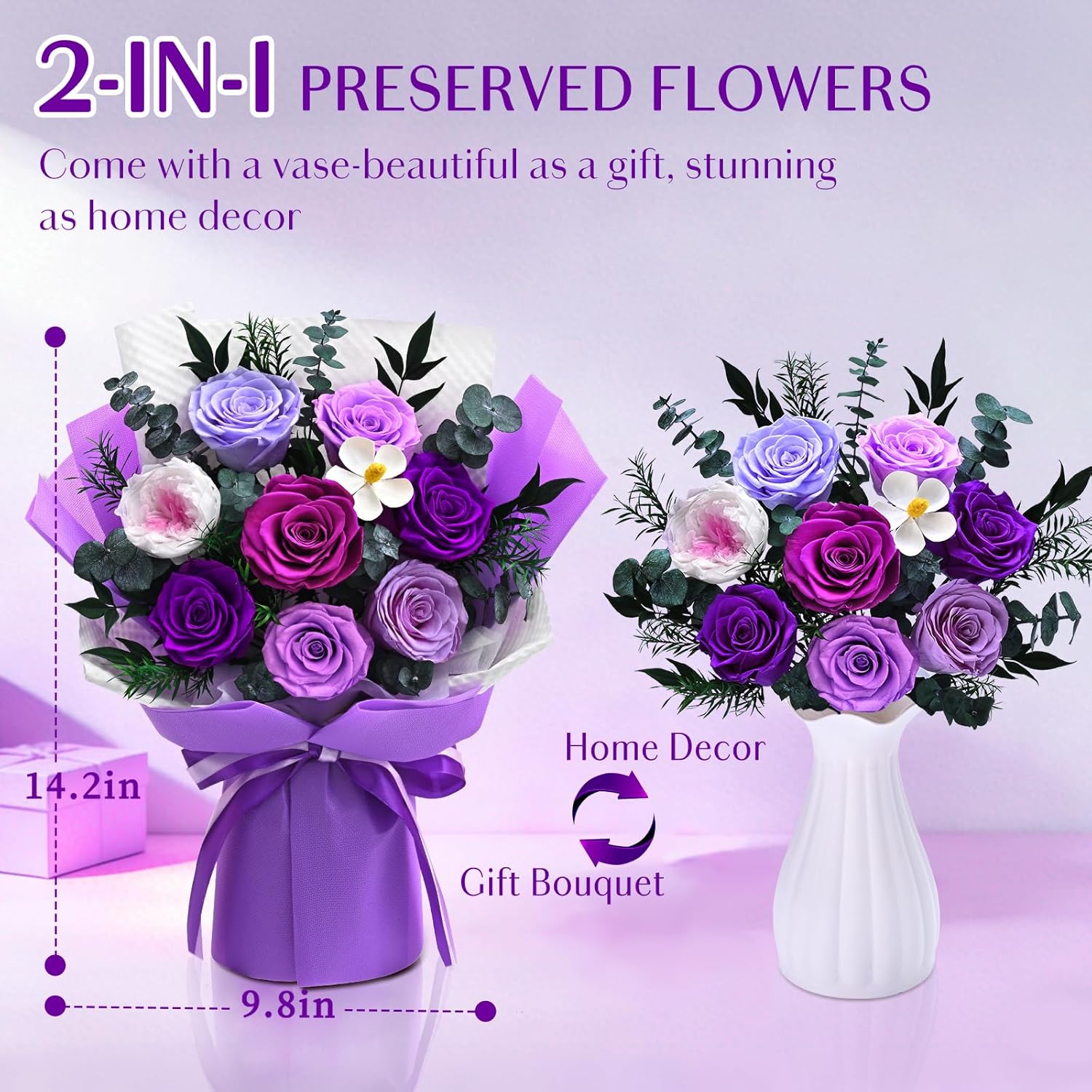 Forever Rose Flowers for Delivery, 8-Piece Valentines Day Gifts Preserved Roses Bouquet, Long Lasting Purple Roses with Gift Box for Her, Forever Flowers with Vase for Women Mom Mothers Day Birthday - Image 5