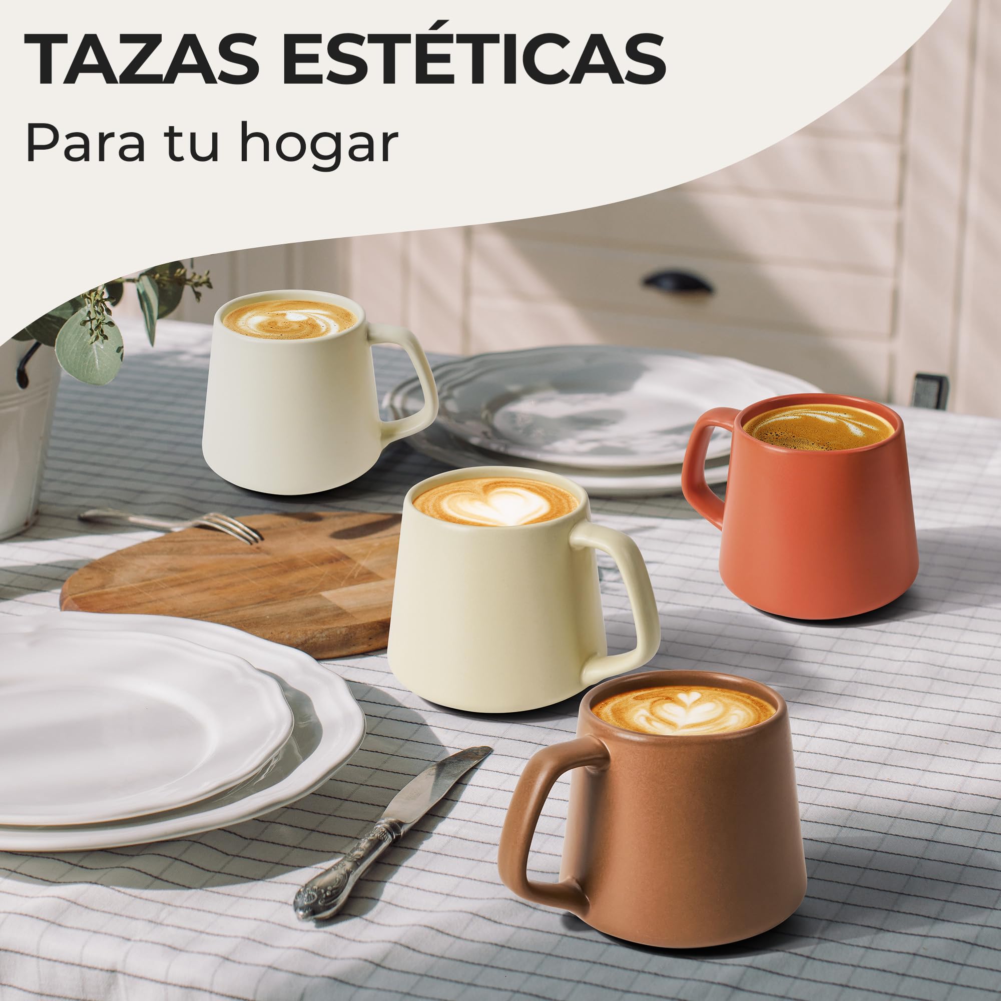 MIAMIO - Tazas Grandes de Café Set de 4, Cerámica (420ml) - Luxe (Beige) | Grandes tazas de café de cerámica para cappuccino, té y espresso, juego de 4, aptas para lavavajillas, ideales a diario