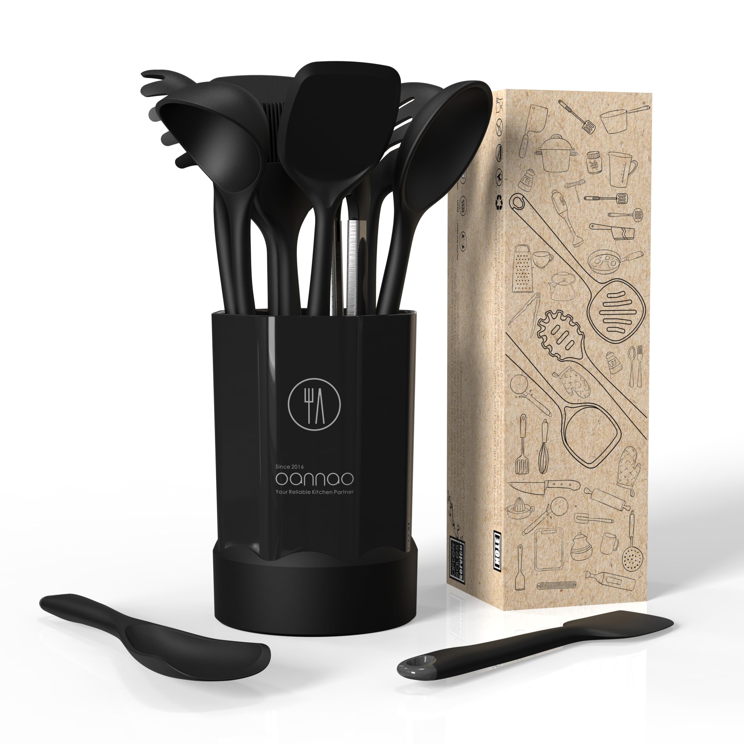 Set di utensili da cucina in silicone, resistenti al calore, spatola, cucchiaio, frusta, pinze, utensili da cucina per pentole antiaderenti, lavabili in lavastoviglie, senza BPA (nero)