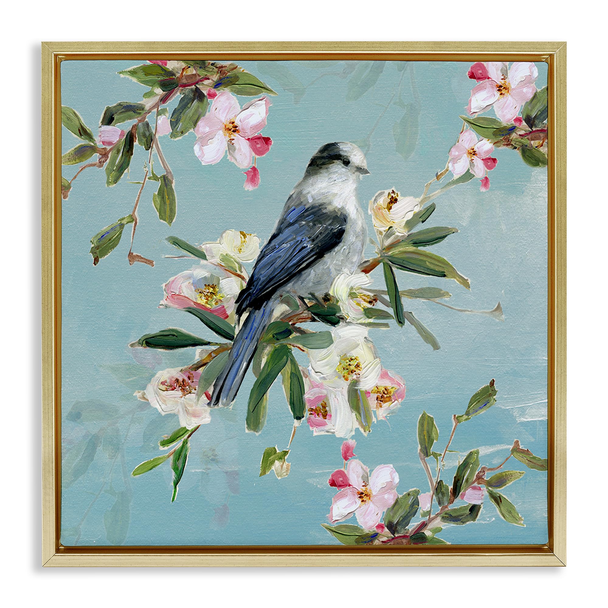 Stupell Industries Metallic Gold (Matte) 'Pastel Songbird Among Blossoms'| Floating Frame Canvas Art
