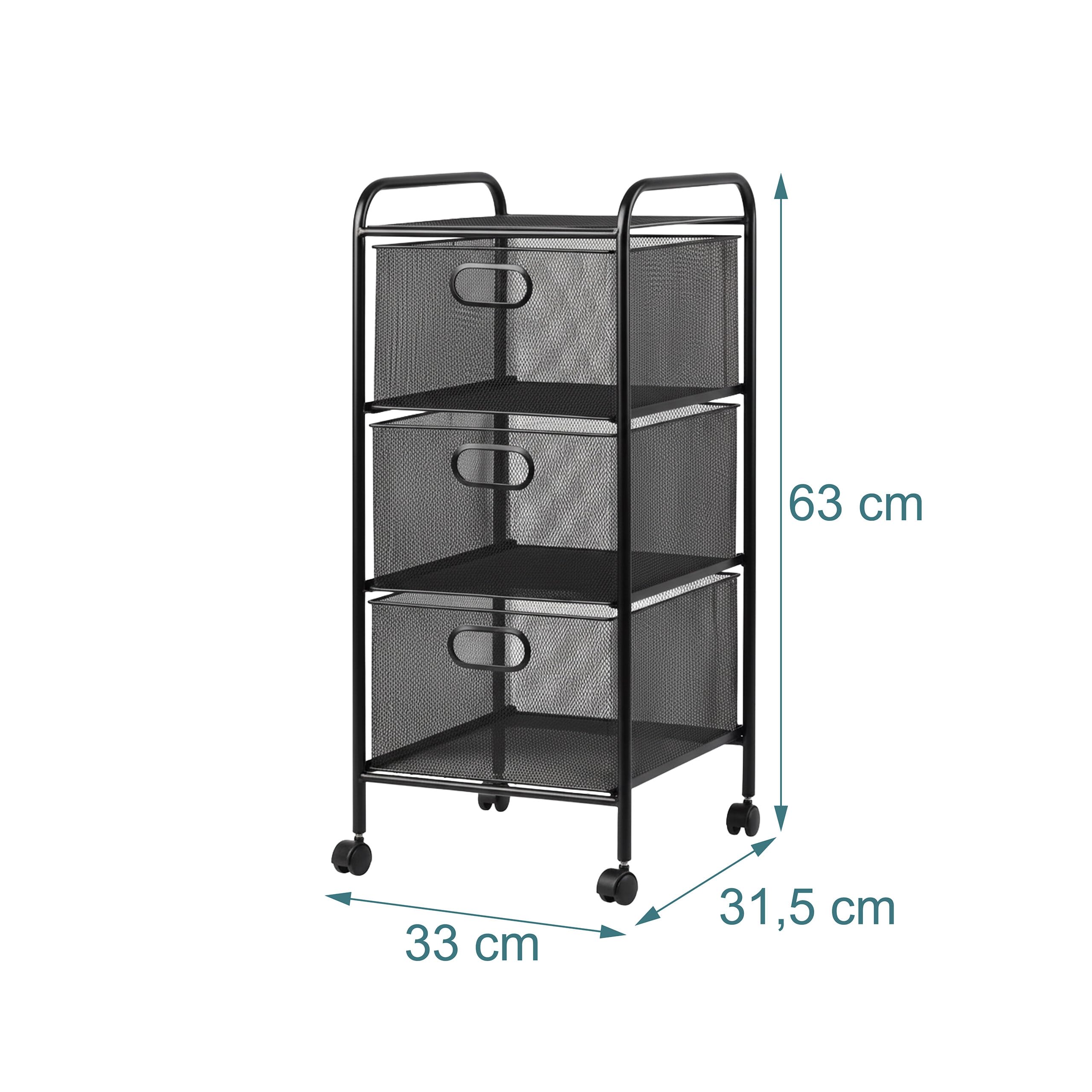 Relaxdays Carrello, 3 cassetti, metallo, AxLxP: 63 x 33 x 31,5 cm, 4 ruote, bagno, cucina, carrello multiuso, nero