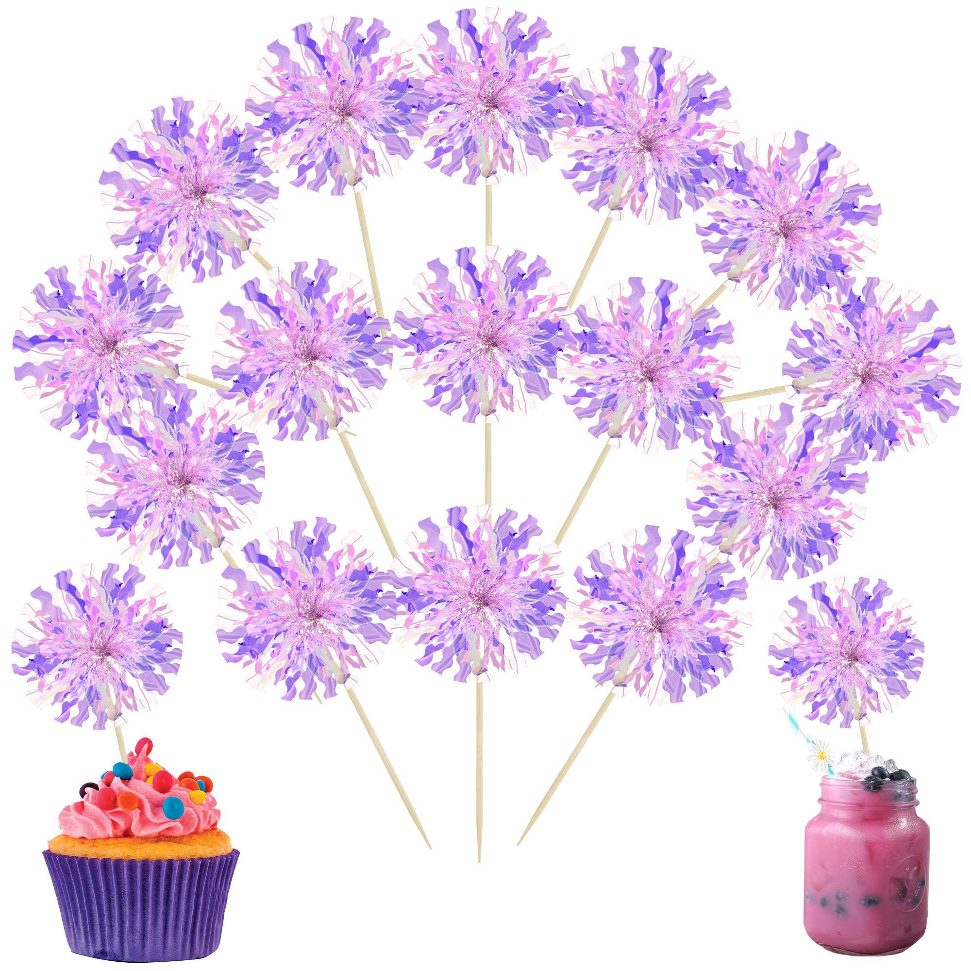 Ephlyn 30Pcs Foil Firework Cupcake Toppers Sparkle Tinsel Cupcake Picks Happy Birthday Cake Decorations Drink Stirrers Cocktail Food Fruit Toothpicks for Baby Shower Graduation Party Supplies Purple — image 1
