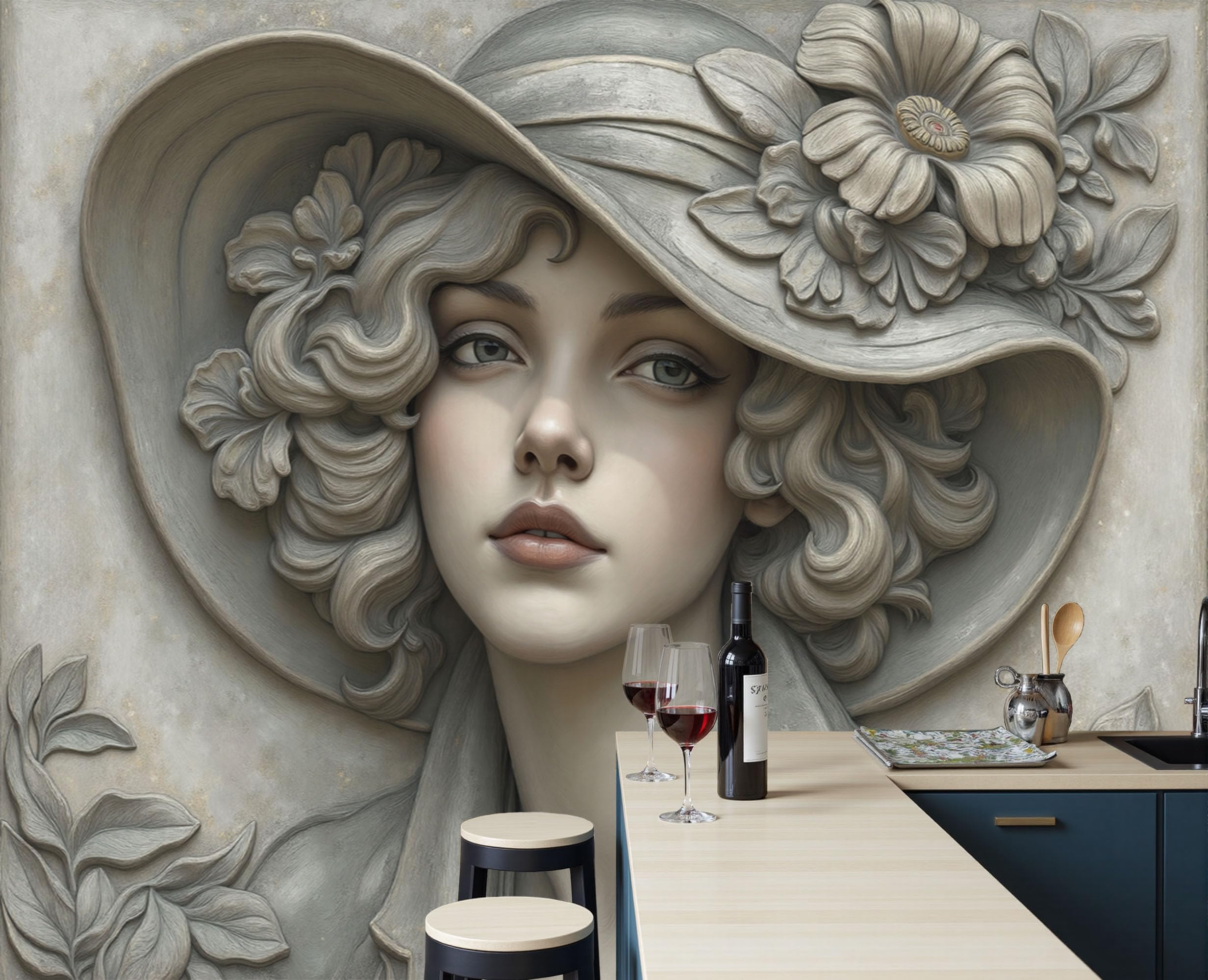 Papier peint panoramique 450x315cm en intissé crème motif chapeau femme